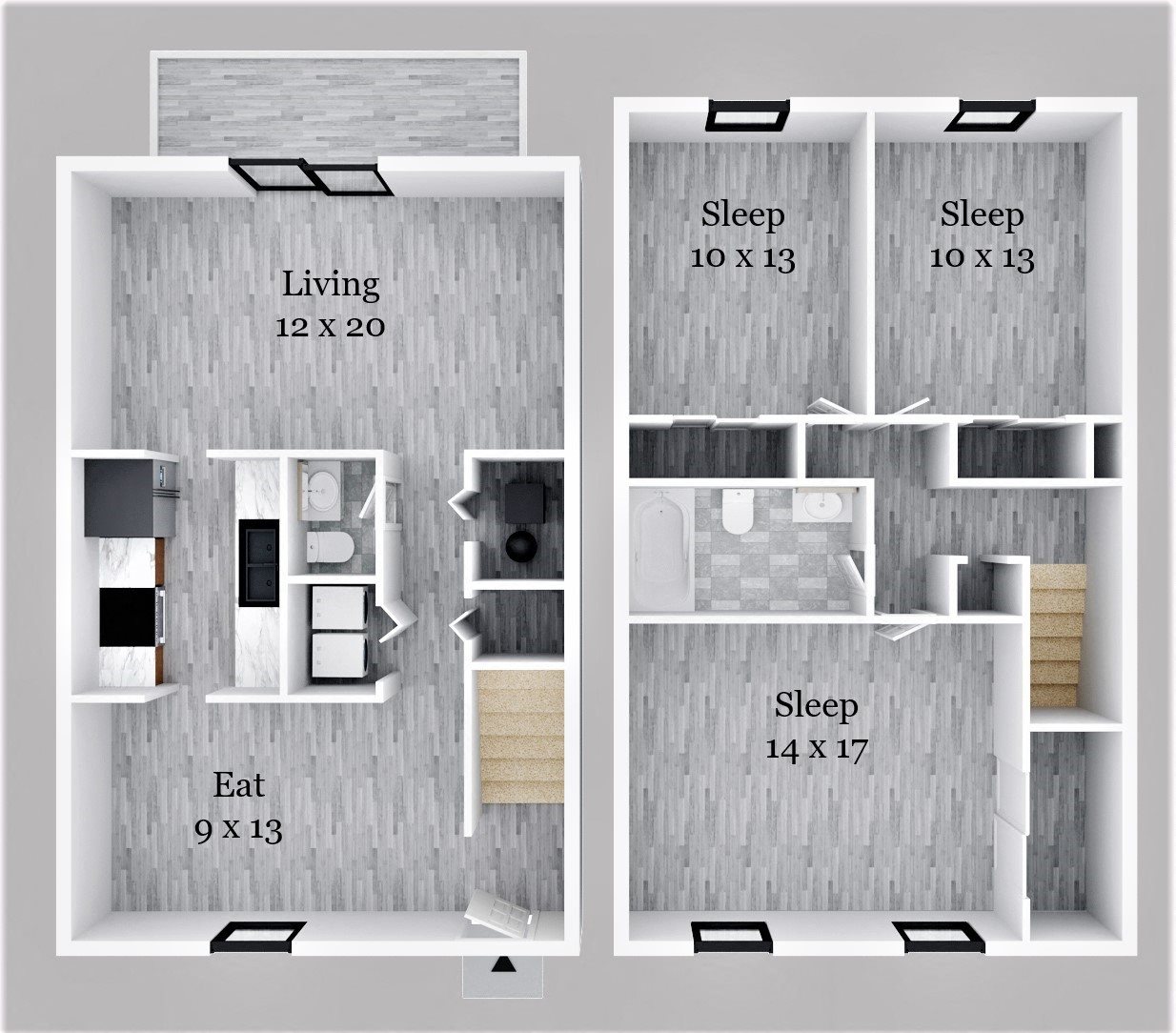 Three Bedroom 1.5 Bath TH floor plan